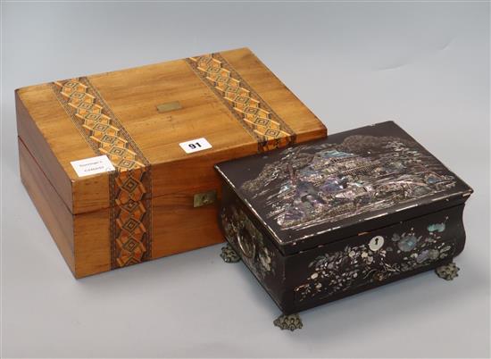 A Japanese mother of pearl inset jewellery casket and a writing slope